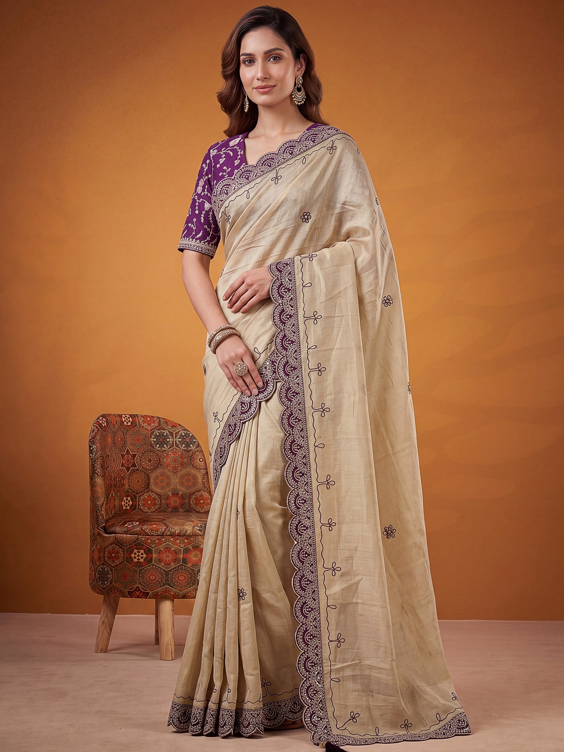 Beautiful Beige Gota Patti Silk Festival Wear Saree With Blouse