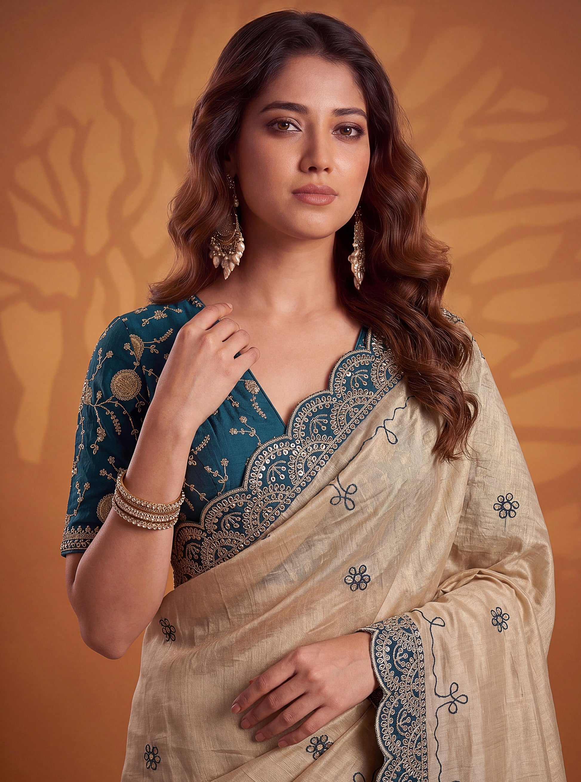 Wonderful Beige Gota Patti Silk  Festival Wear Saree With Blouse