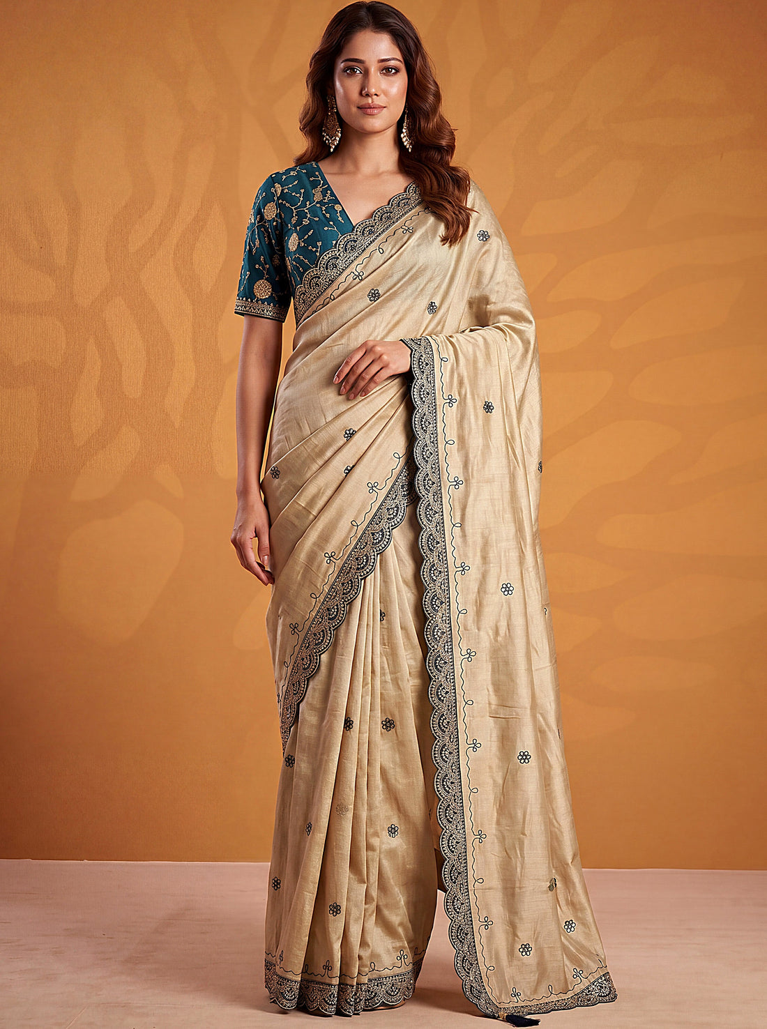 Wonderful Beige Gota Patti Silk  Festival Wear Saree With Blouse