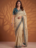 Wonderful Beige Gota Patti Silk  Festival Wear Saree With Blouse