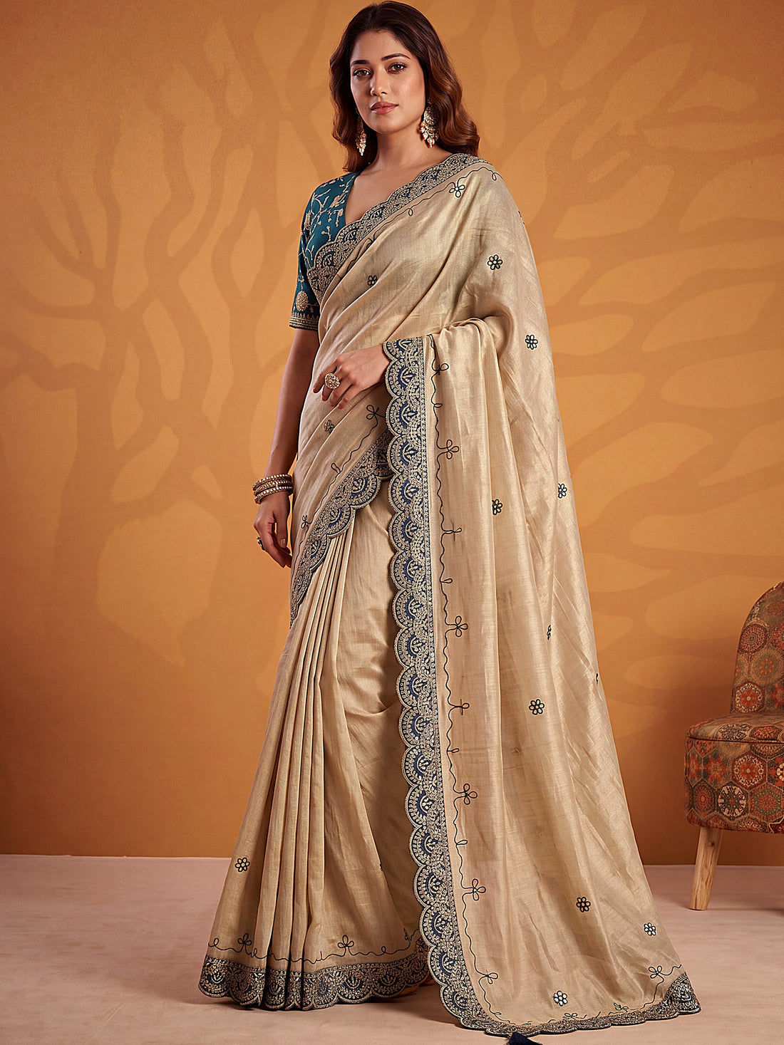 Wonderful Beige Gota Patti Silk  Festival Wear Saree With Blouse