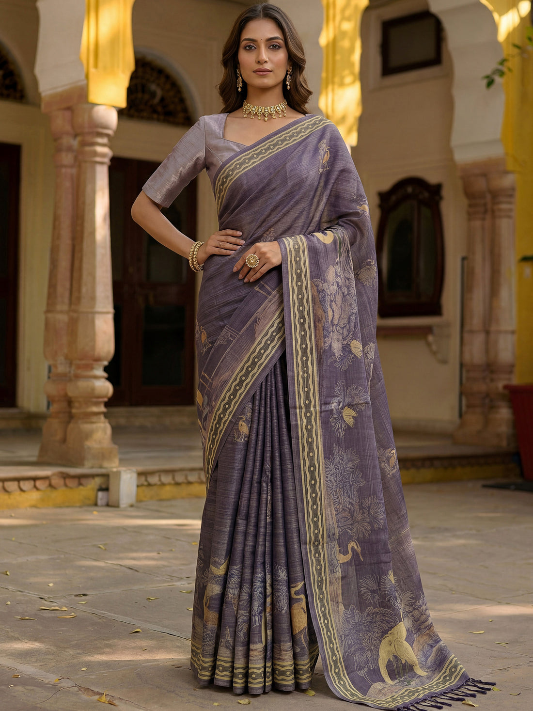 Awesome Lavender Printed Silk  Festival Wear Saree With Blouse