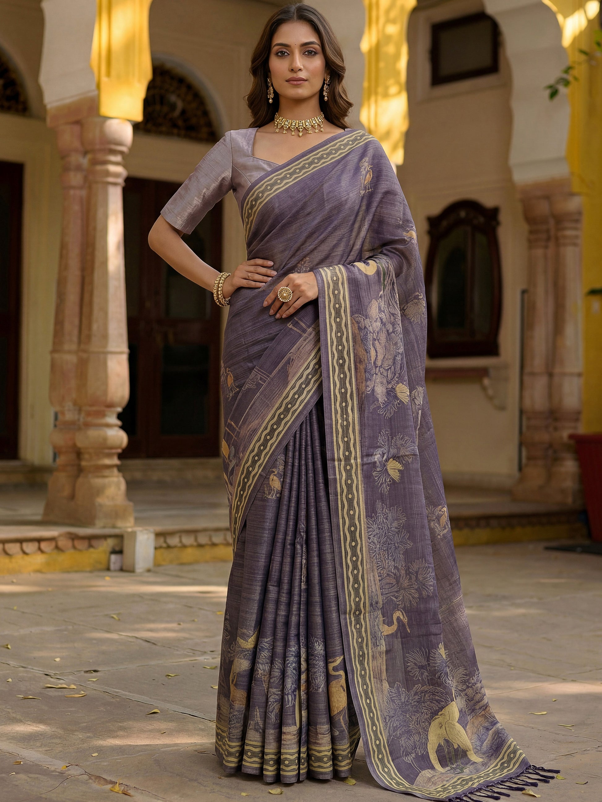 Awesome Lavender Printed Silk  Festival Wear Saree With Blouse