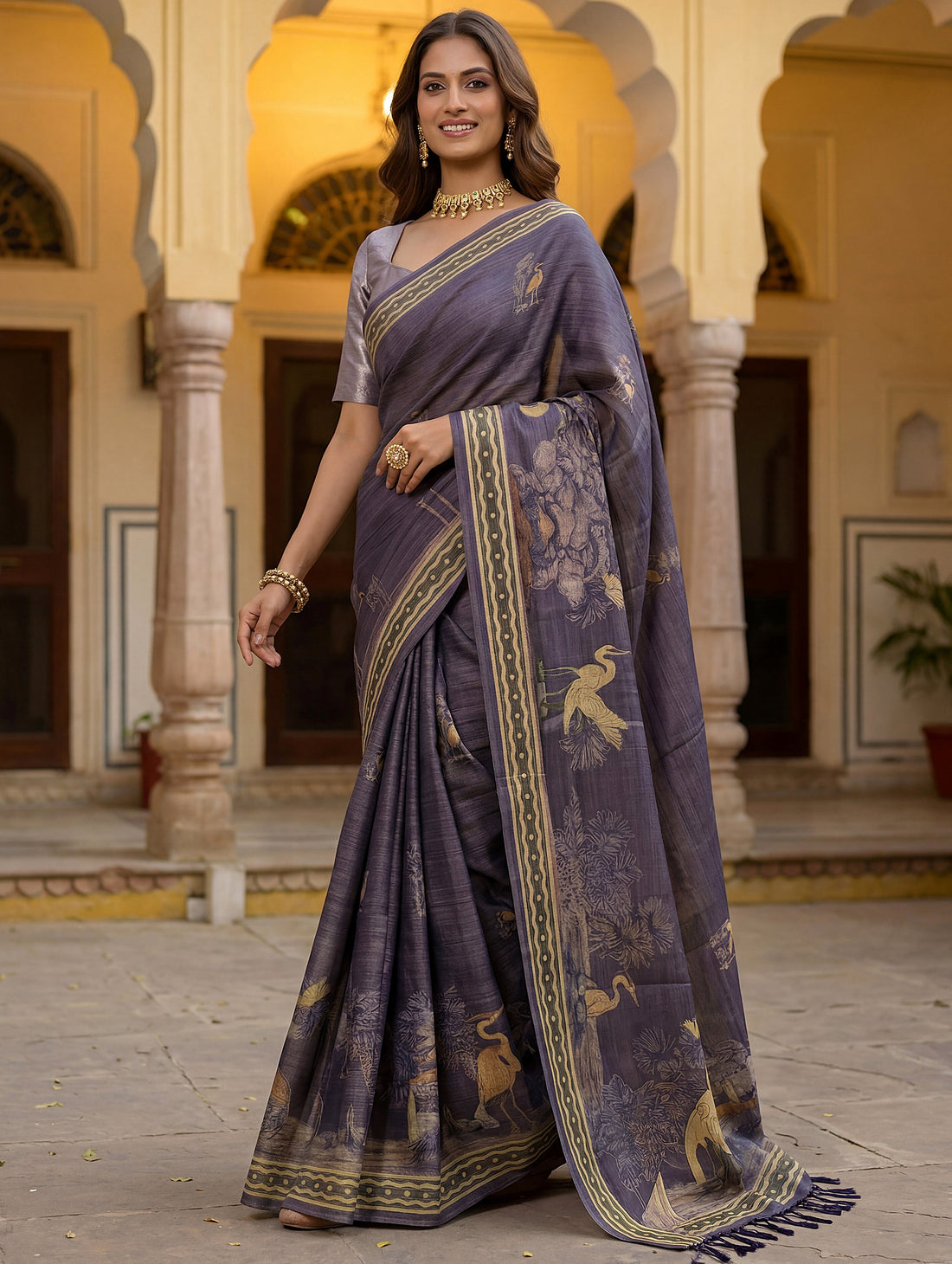 Awesome Lavender Printed Silk  Festival Wear Saree With Blouse