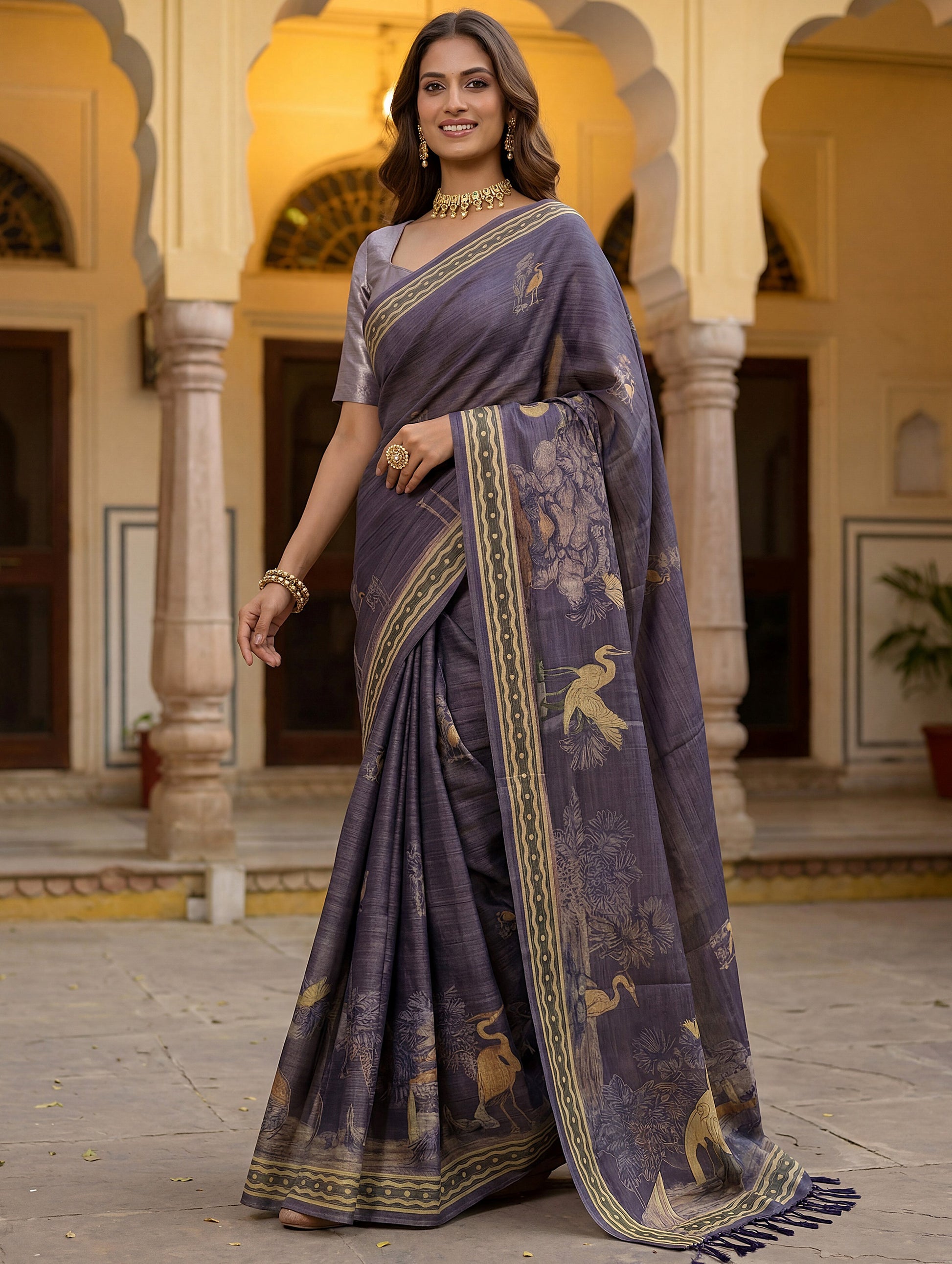 Awesome Lavender Printed Silk  Festival Wear Saree With Blouse