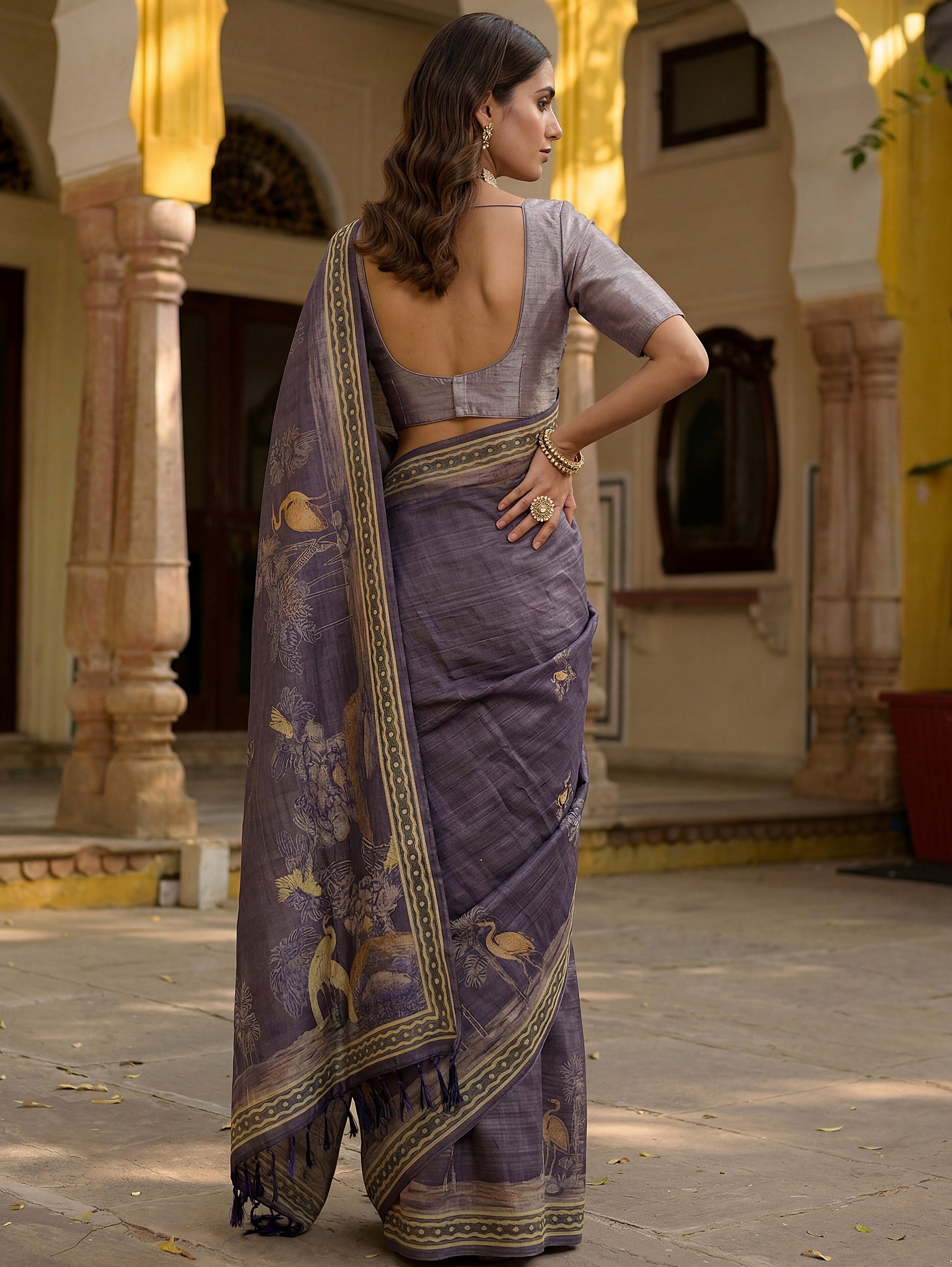 Awesome Lavender Printed Silk  Festival Wear Saree With Blouse