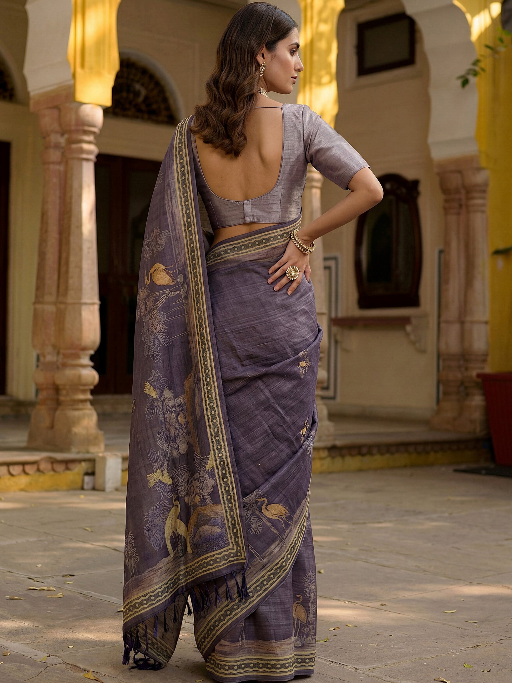 Awesome Lavender Printed Silk  Festival Wear Saree With Blouse