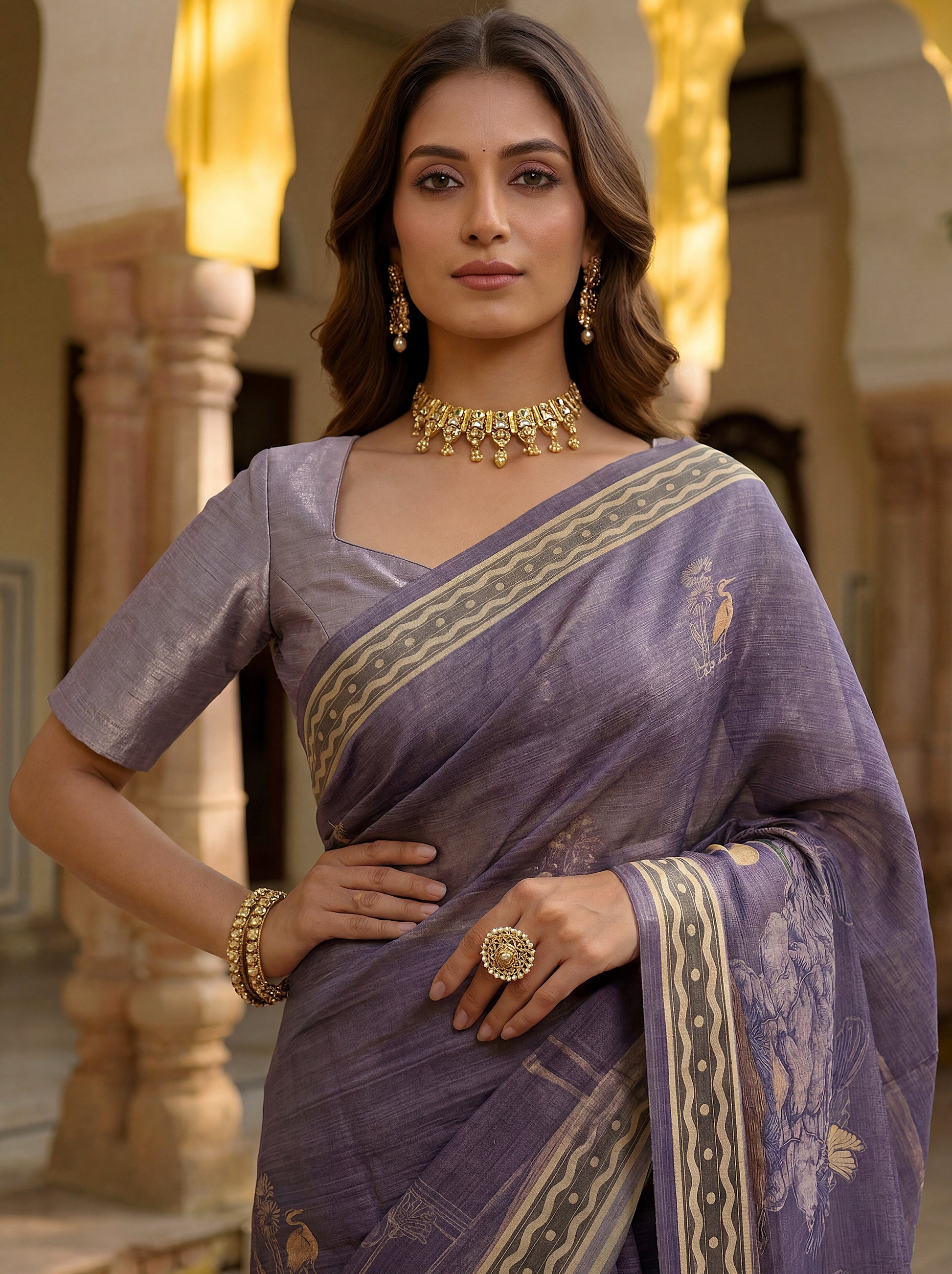 Awesome Lavender Printed Silk  Festival Wear Saree With Blouse