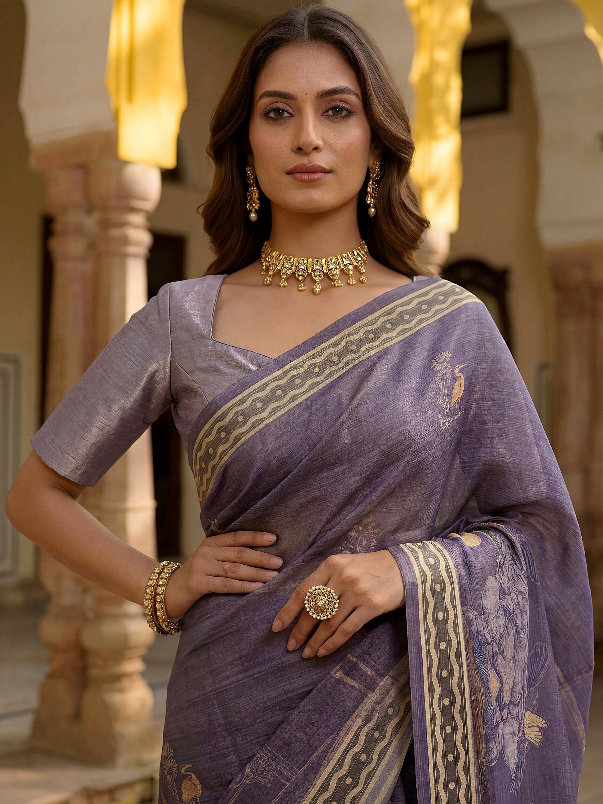 Awesome Lavender Printed Silk  Festival Wear Saree With Blouse
