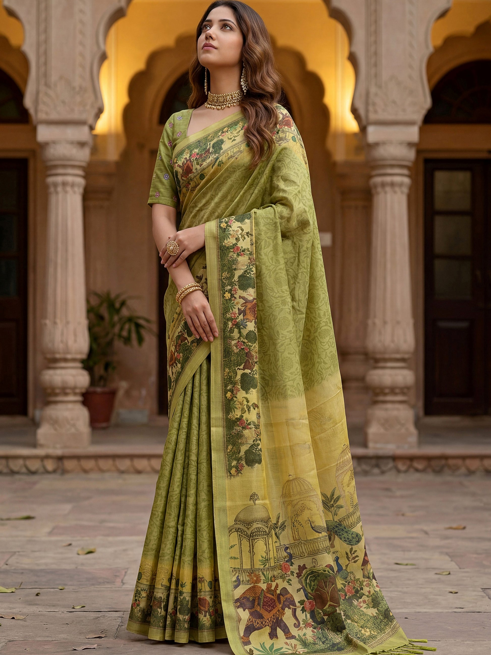 Awesome Olive Green Dori Work Silk  Casual  Wear Saree With Blouse