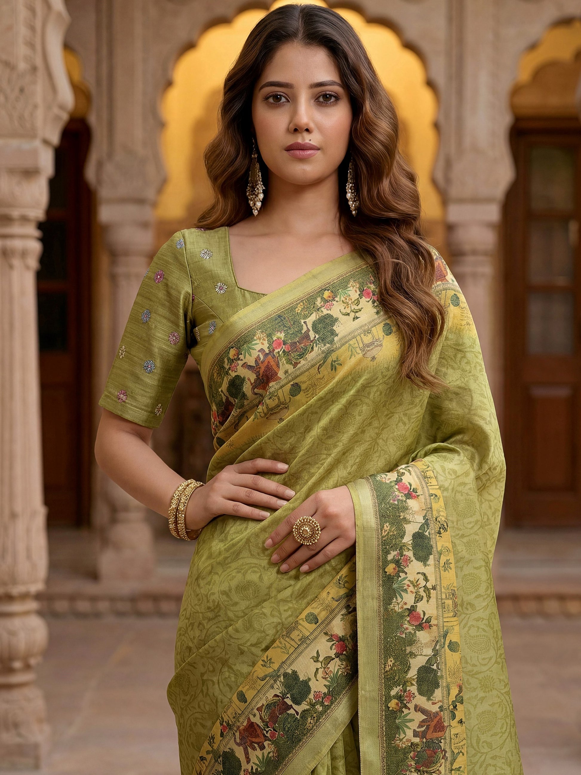 Awesome Olive Green Dori Work Silk  Casual  Wear Saree With Blouse