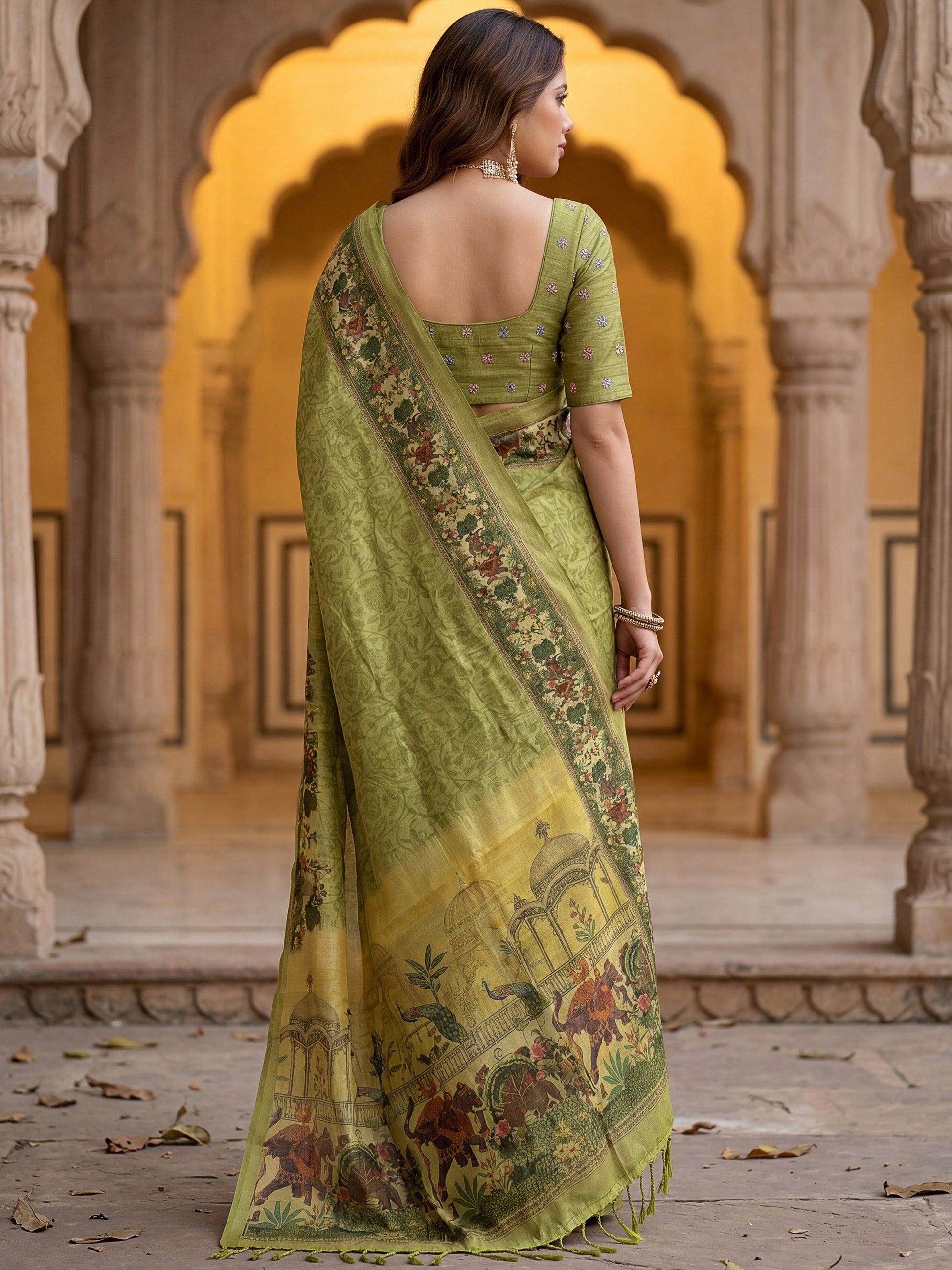 Awesome Olive Green Dori Work Silk  Casual  Wear Saree With Blouse