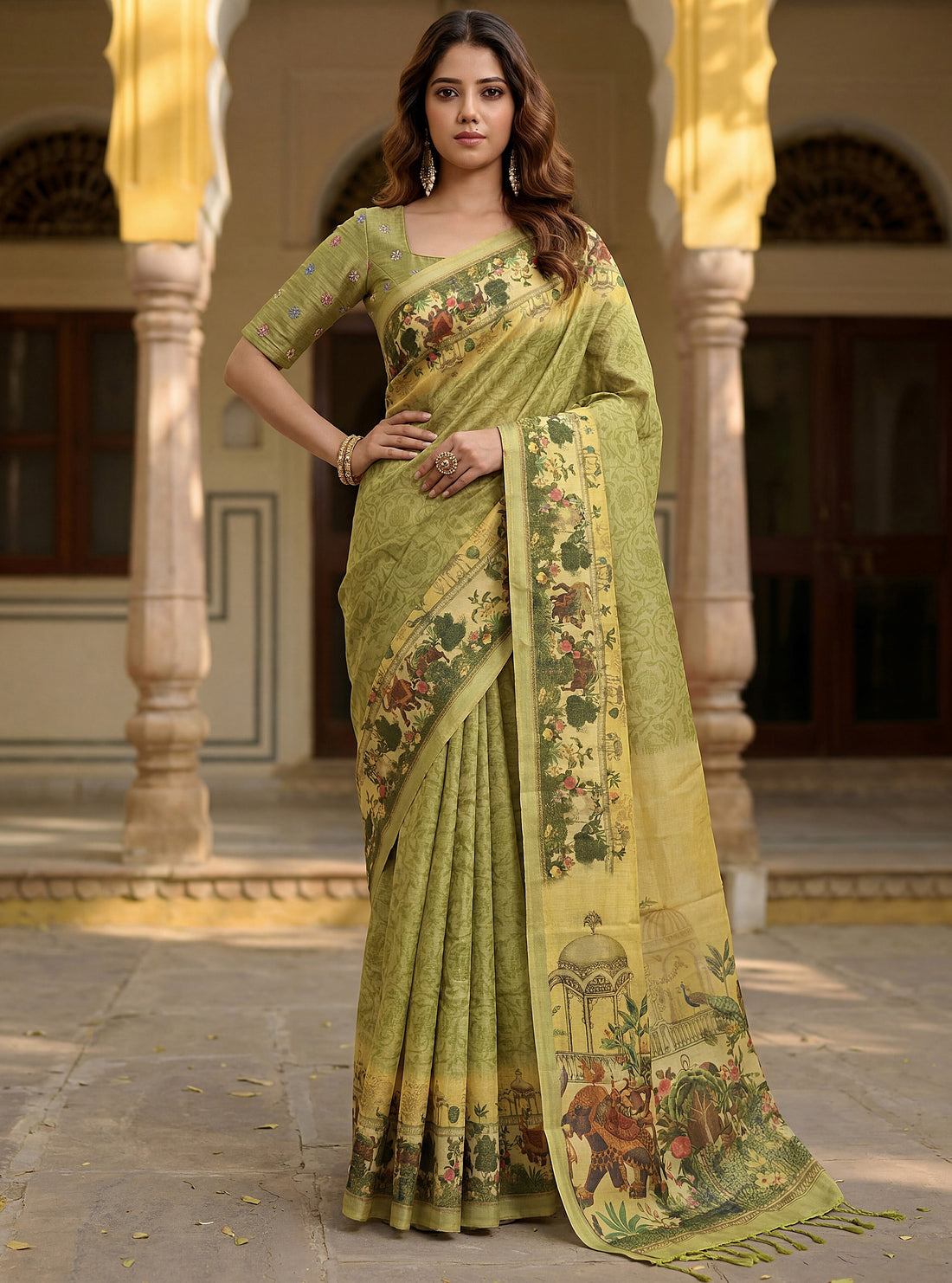 Awesome Olive Green Dori Work Silk  Casual  Wear Saree With Blouse