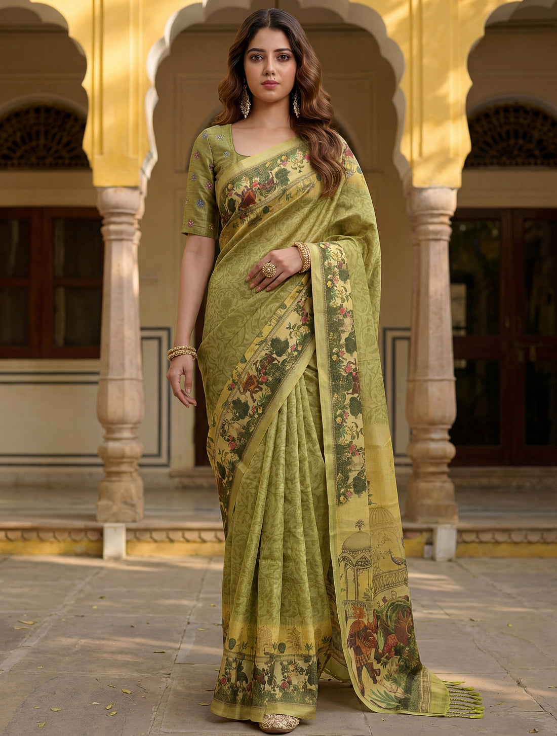Awesome Olive Green Dori Work Silk  Casual  Wear Saree With Blouse