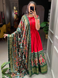 Attractive Red Patola Printed Dola Silk Traditional Gown With Dupatta