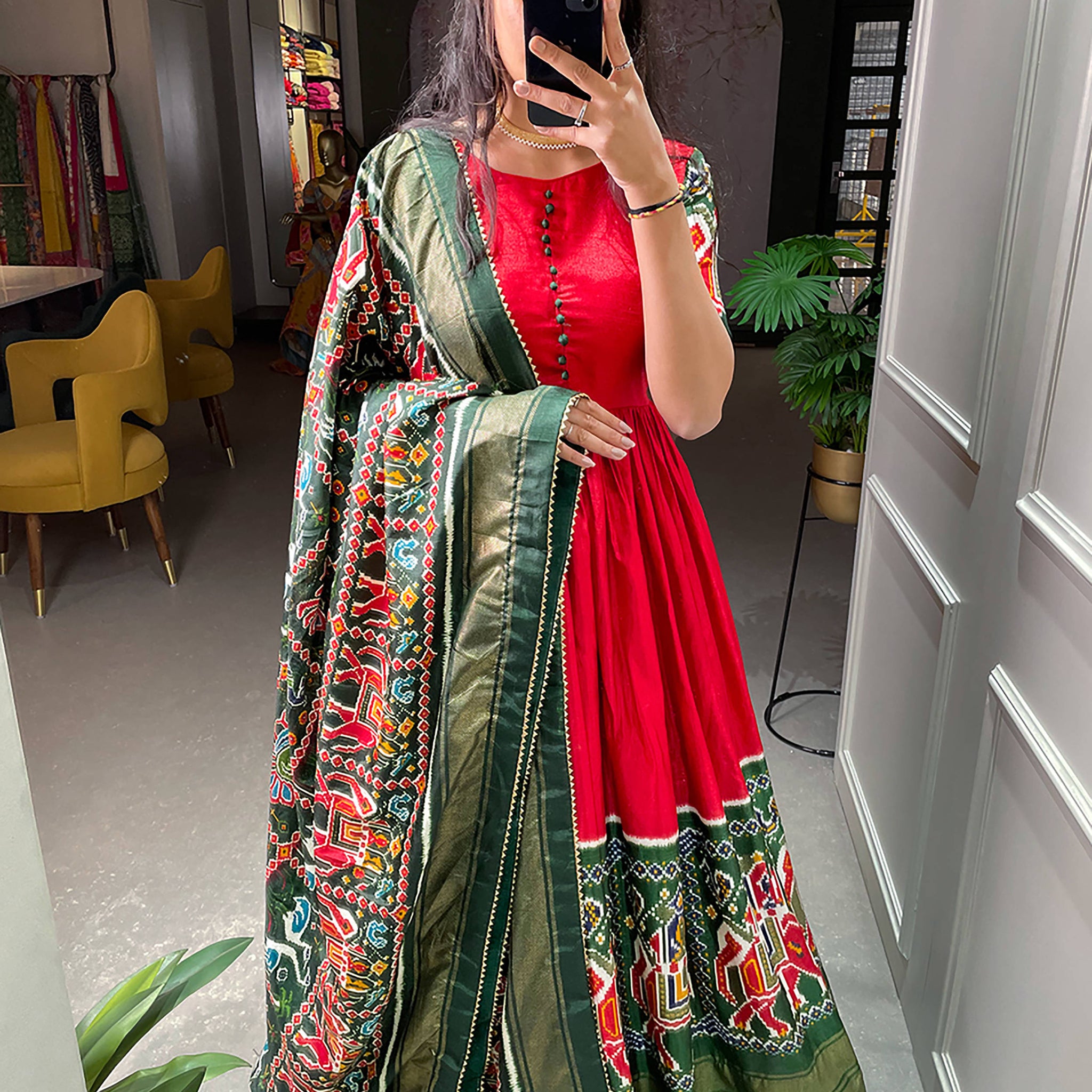 Attractive Red Patola Printed Dola Silk Traditional Gown With Dupatta