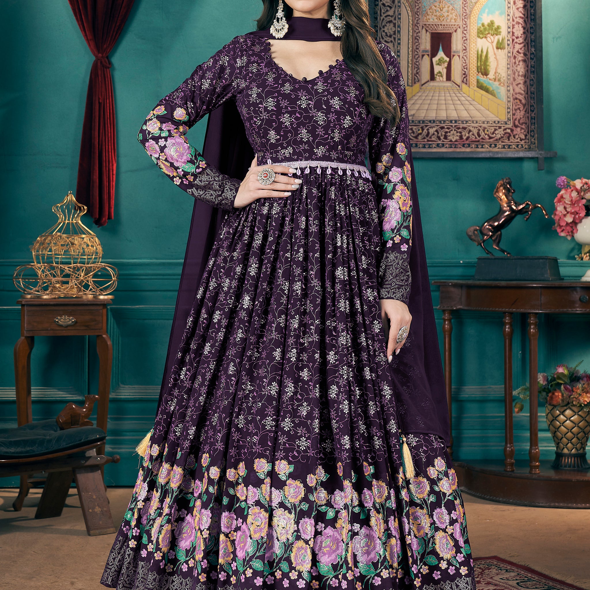 Stunning Purple Foil Printed Georgette Wedding Gown With Dupatta