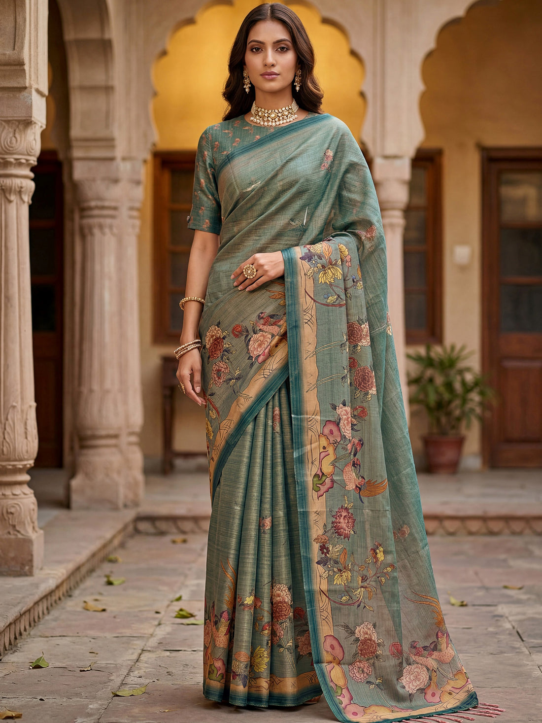 Dazzling Teal Green Printed Silk  Festival   Wear Saree With Blouse