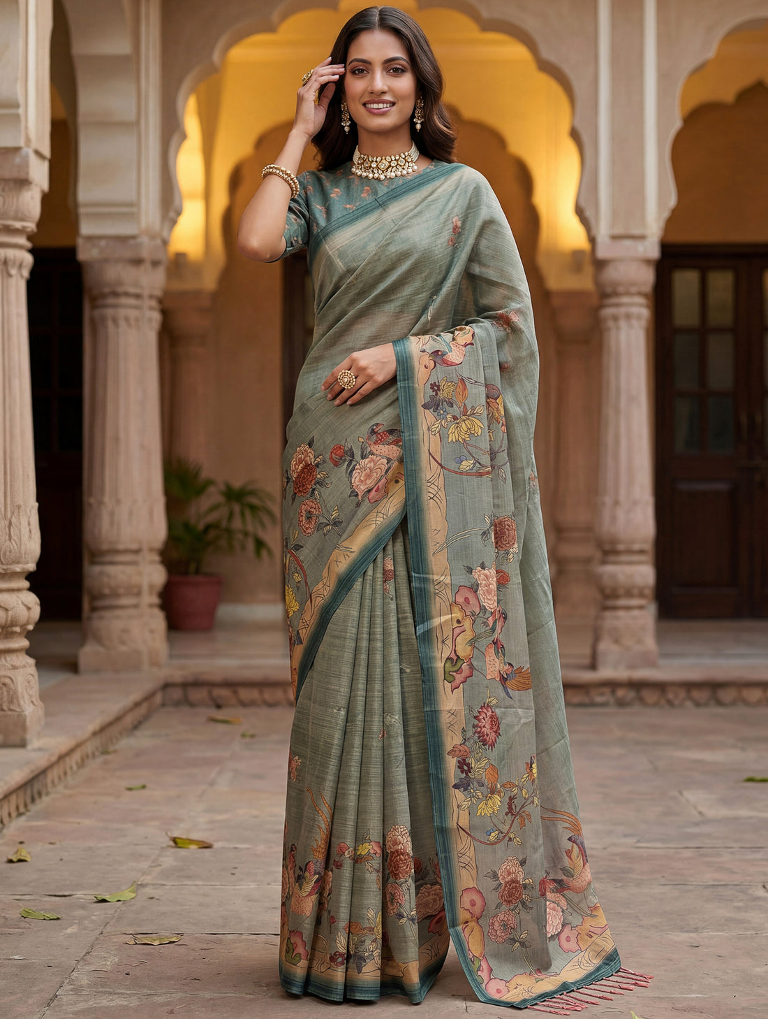 Dazzling Teal Green Printed Silk  Festival   Wear Saree With Blouse