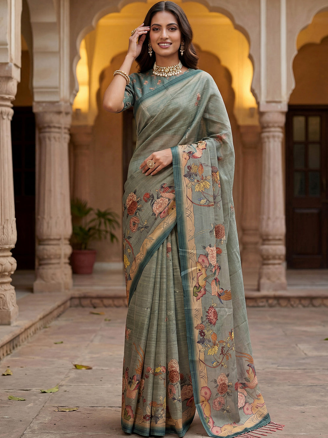 Dazzling Teal Green Printed Silk  Festival   Wear Saree With Blouse