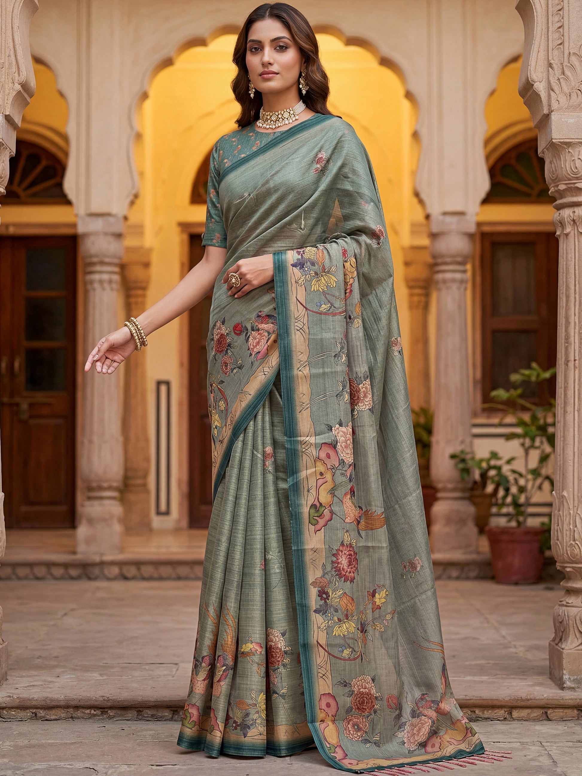Dazzling Teal Green Printed Silk  Festival   Wear Saree With Blouse