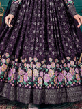 Stunning Purple Foil Printed Georgette Wedding Gown With Dupatta