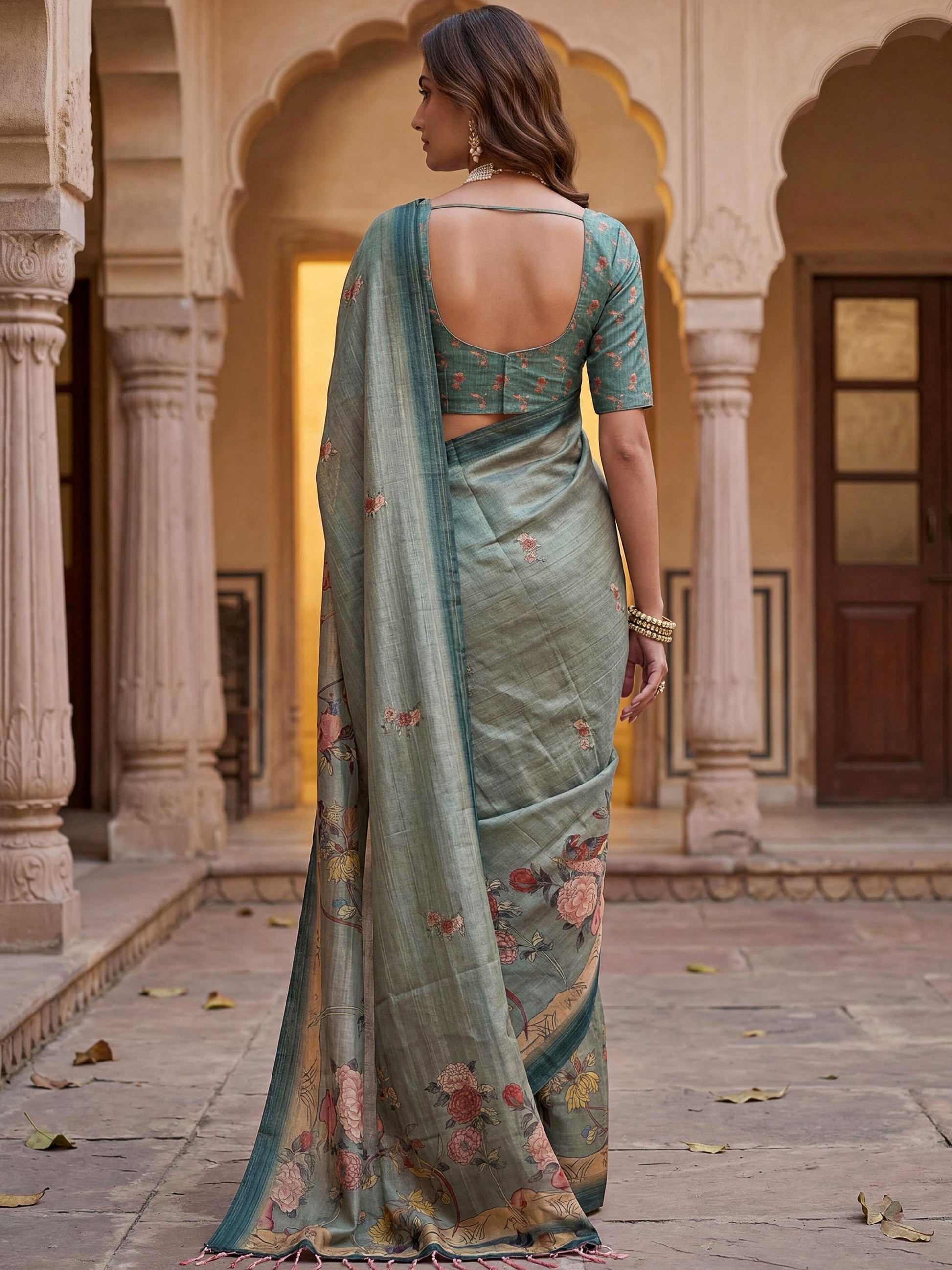 Dazzling Teal Green Printed Silk  Festival   Wear Saree With Blouse