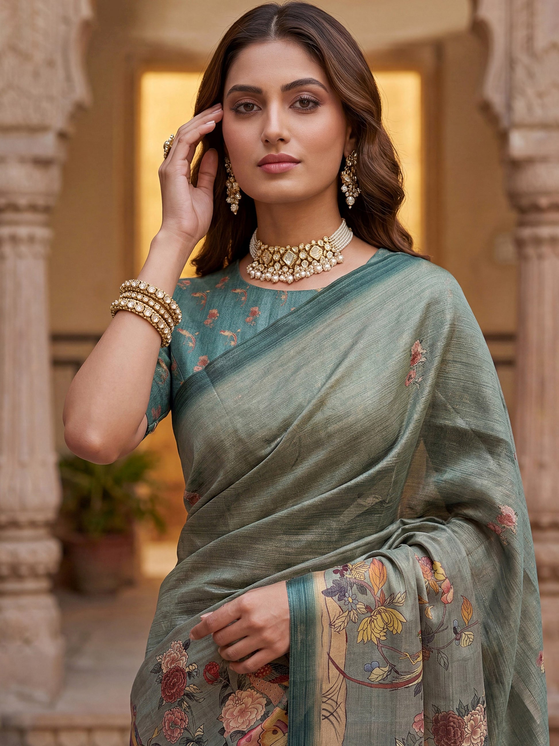 Dazzling Teal Green Printed Silk  Festival   Wear Saree With Blouse