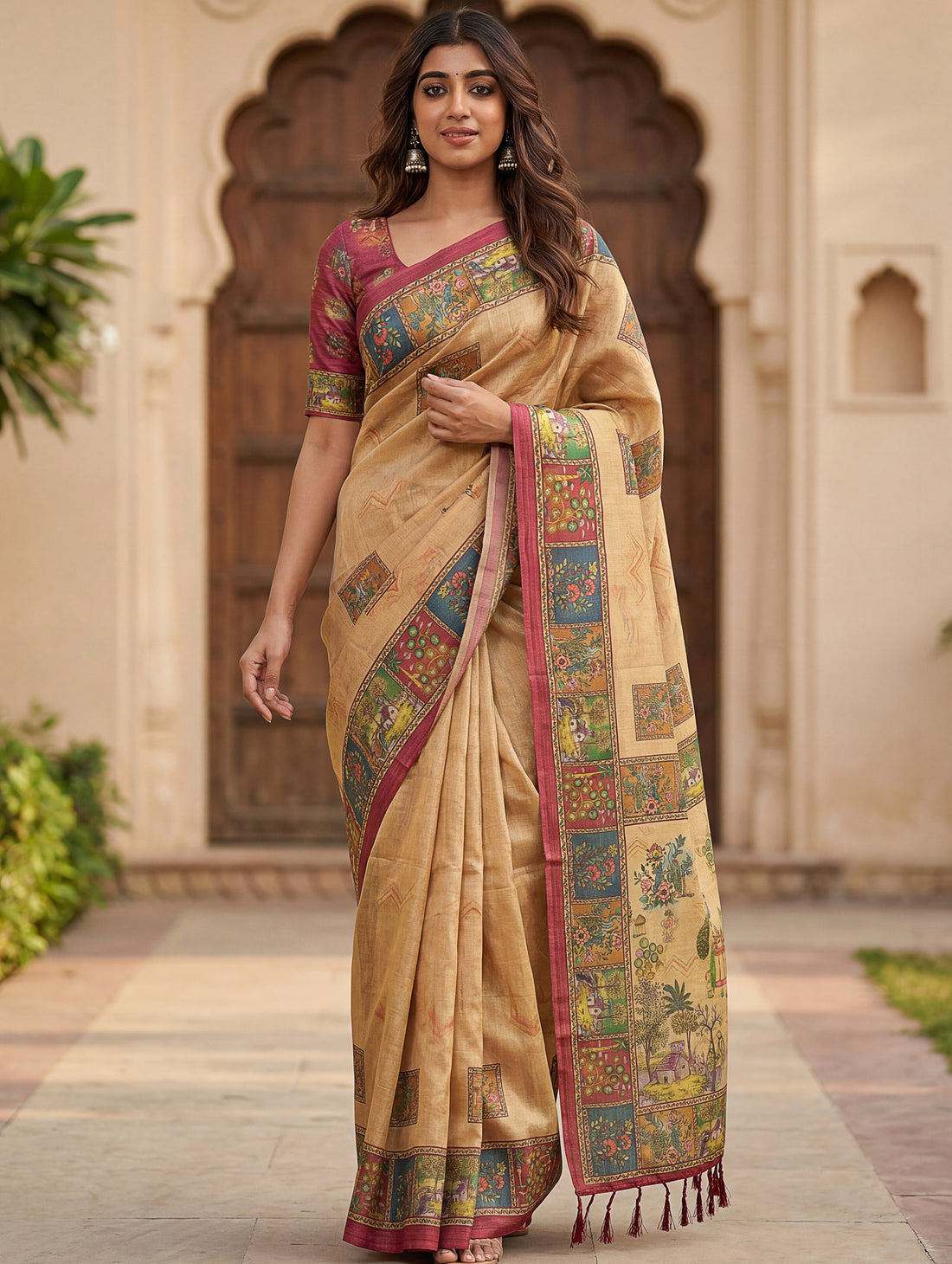 Fashionable Beige Printed Silk  office Wear Saree With Blouse