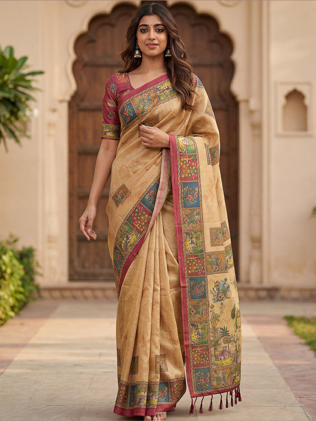 Fashionable Beige Printed Silk  office Wear Saree With Blouse