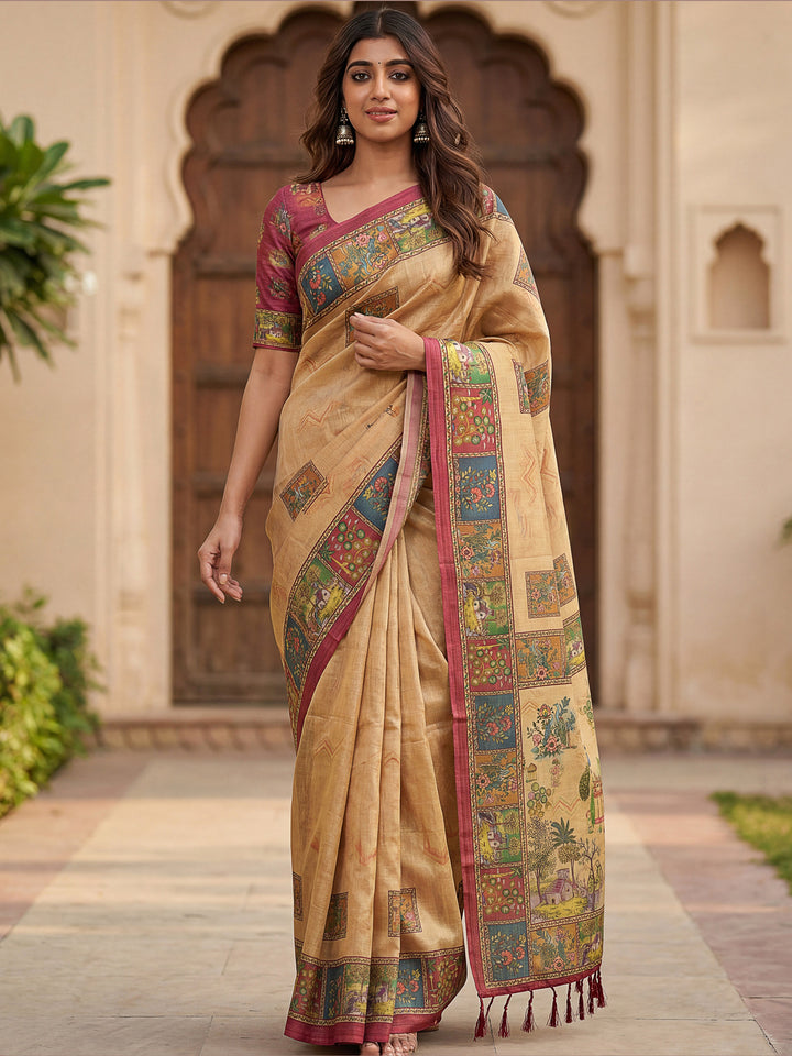 Fashionable Beige Printed Silk  office Wear Saree With Blouse