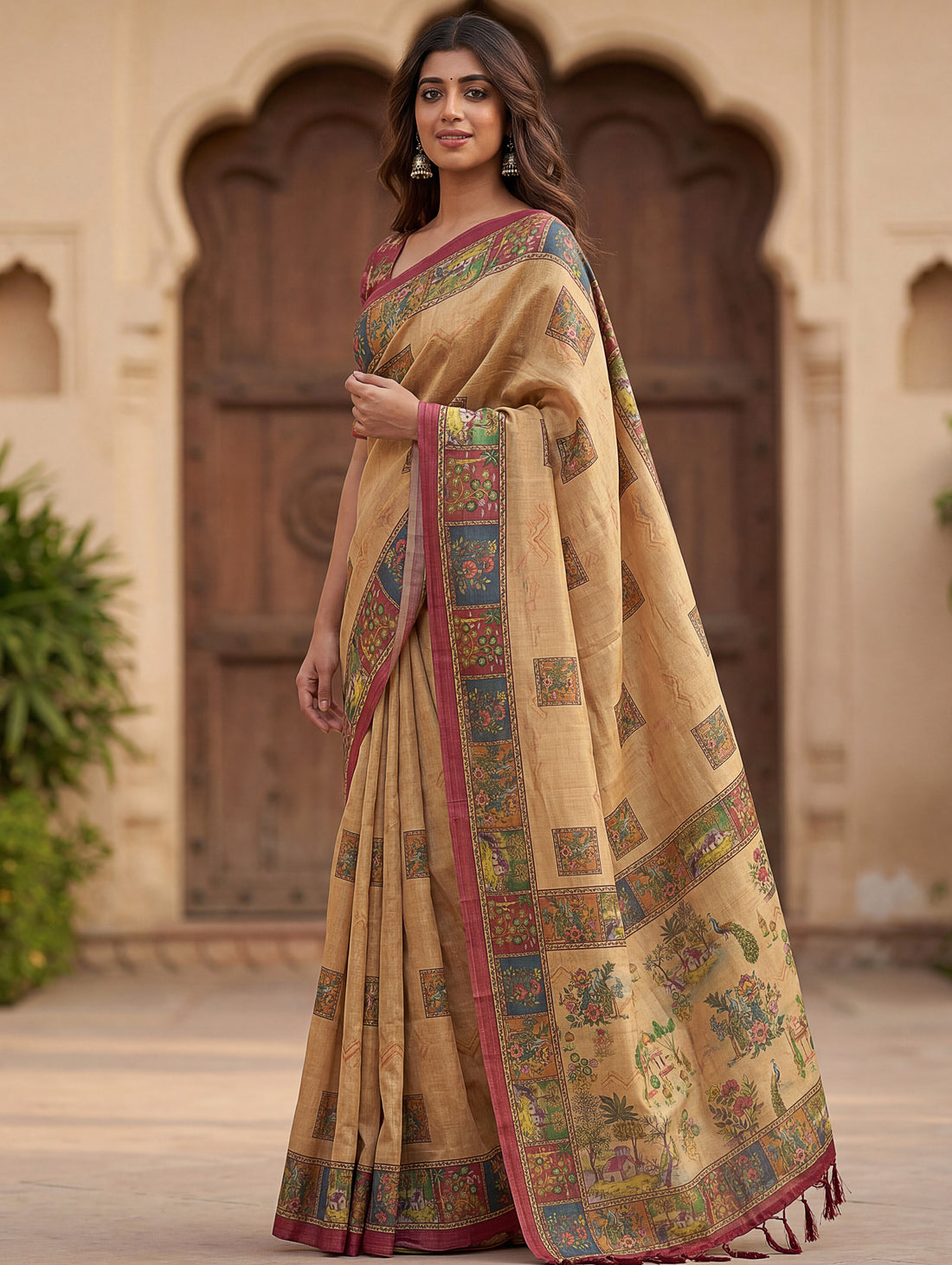 Fashionable Beige Printed Silk  office Wear Saree With Blouse