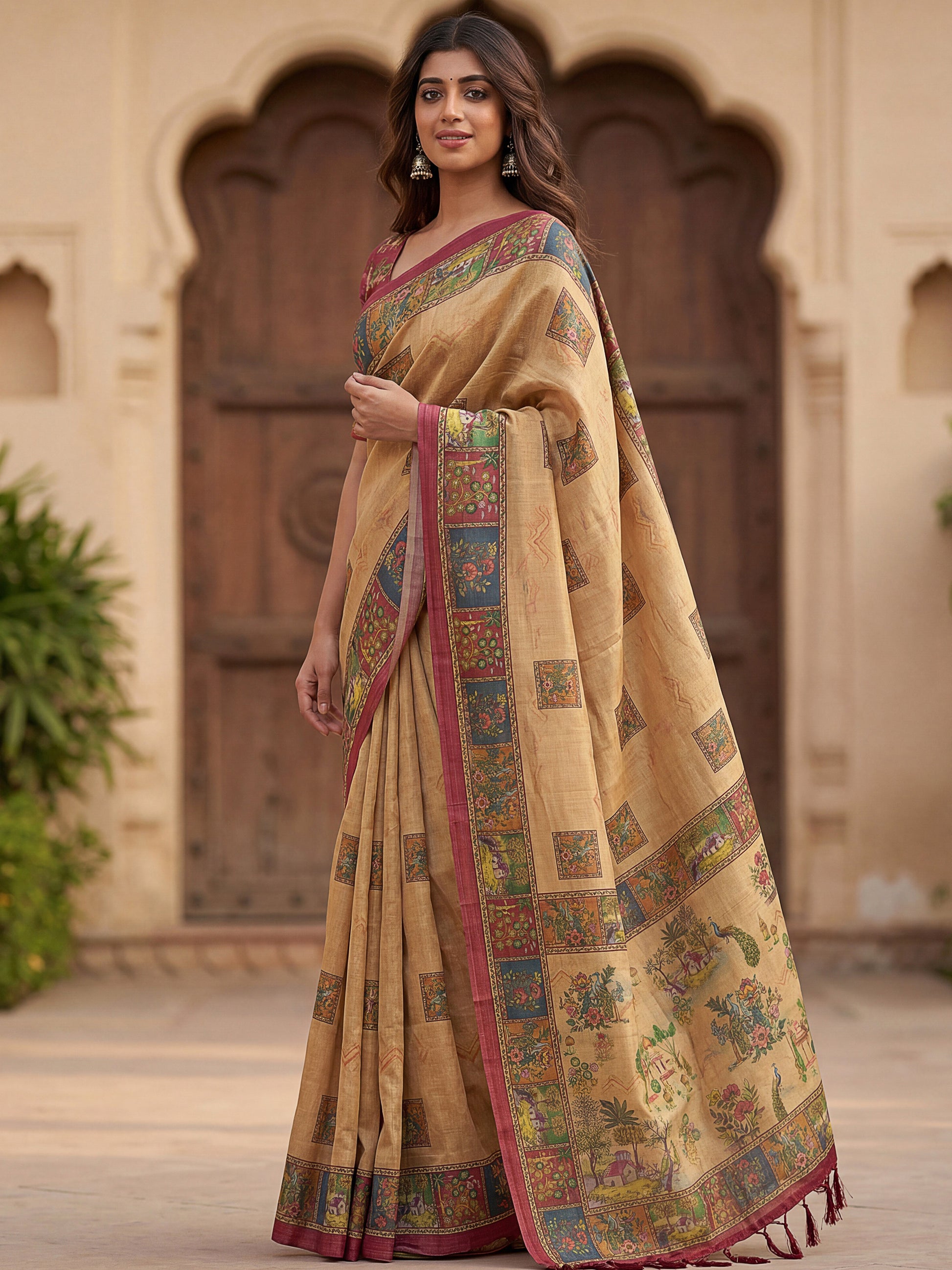 Fashionable Beige Printed Silk  office Wear Saree With Blouse