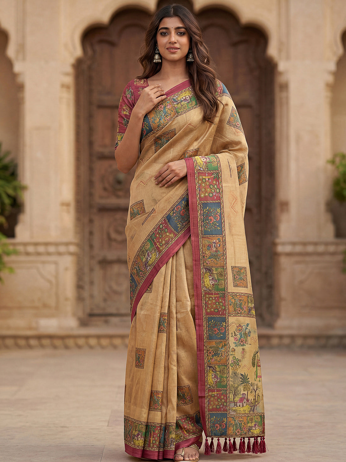 Fashionable Beige Printed Silk  office Wear Saree With Blouse