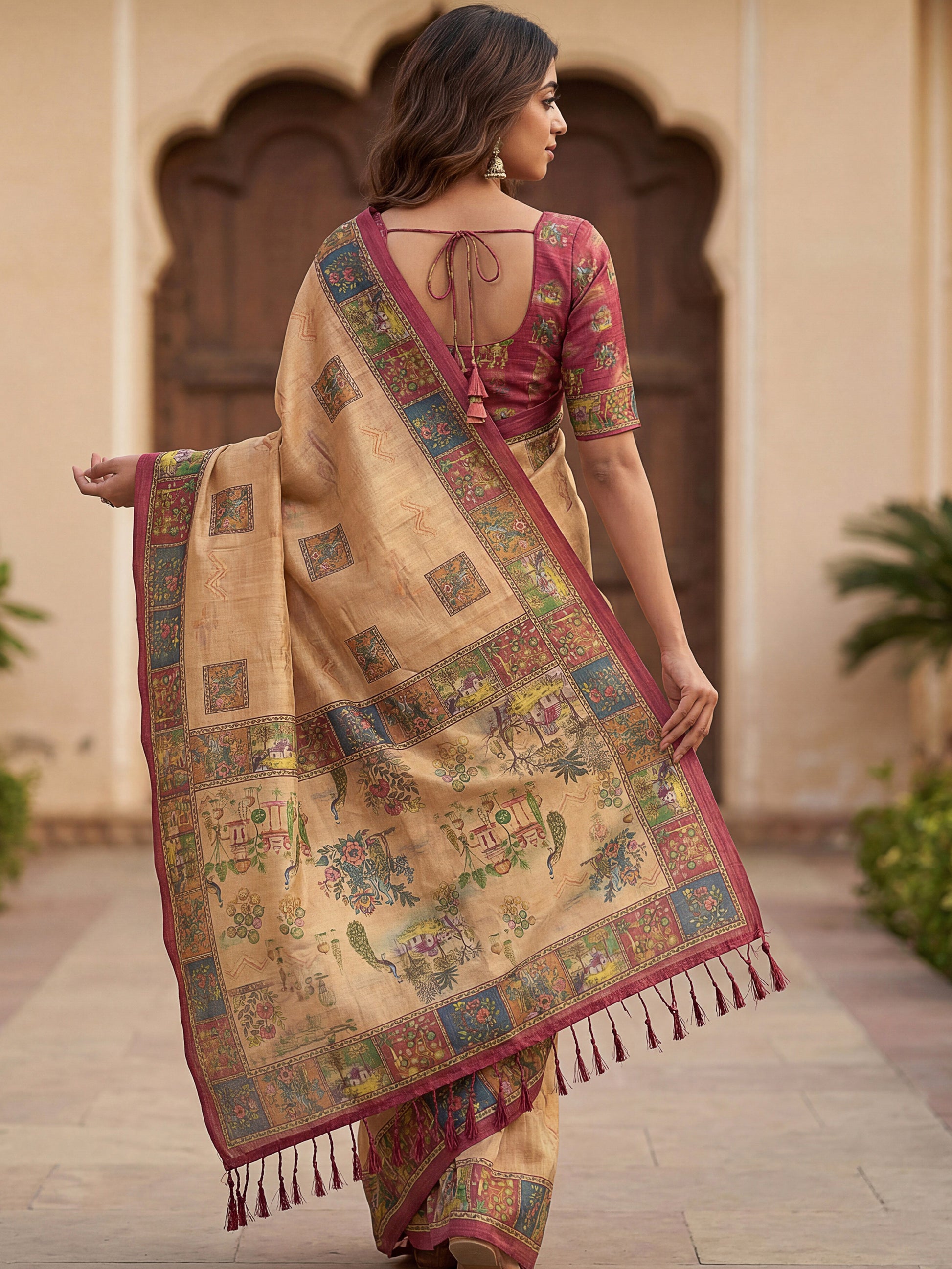 Fashionable Beige Printed Silk  office Wear Saree With Blouse