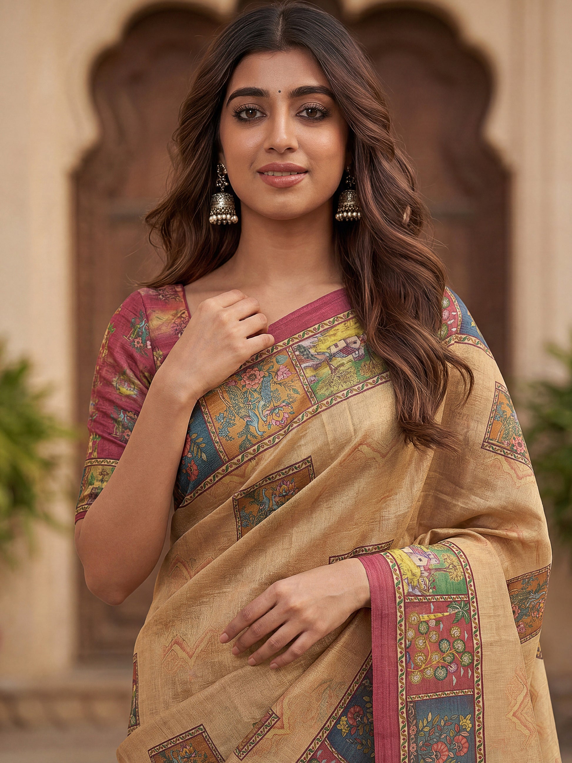 Fashionable Beige Printed Silk  office Wear Saree With Blouse