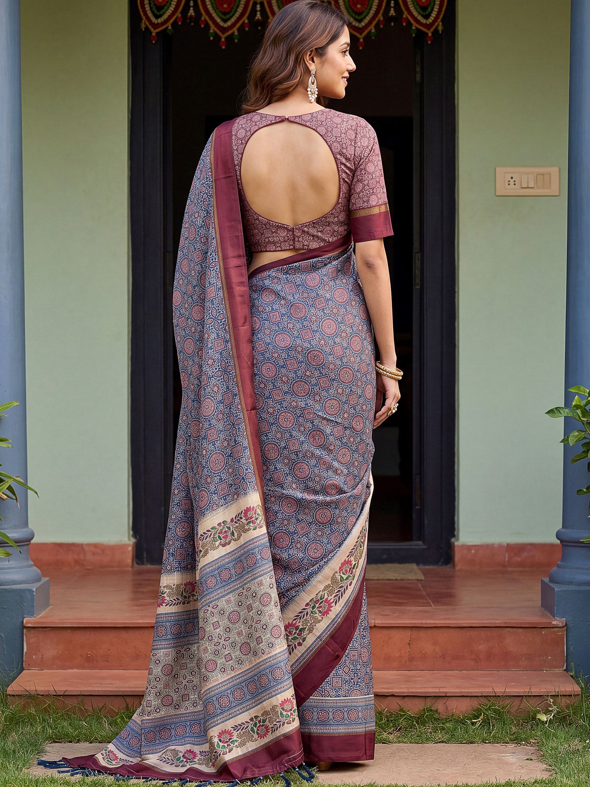 Enchanting Blue Printed Silk Casual Wear Saree With Blouse
