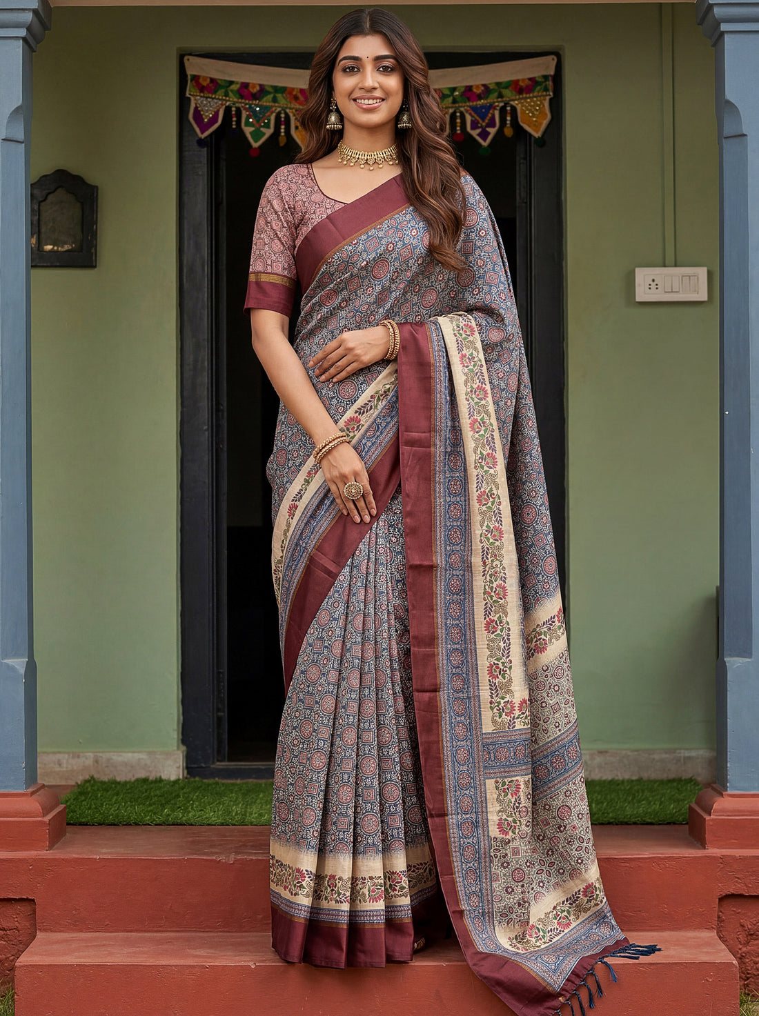 Enchanting Maroon Printed Silk Casual Wear Saree With Blouse