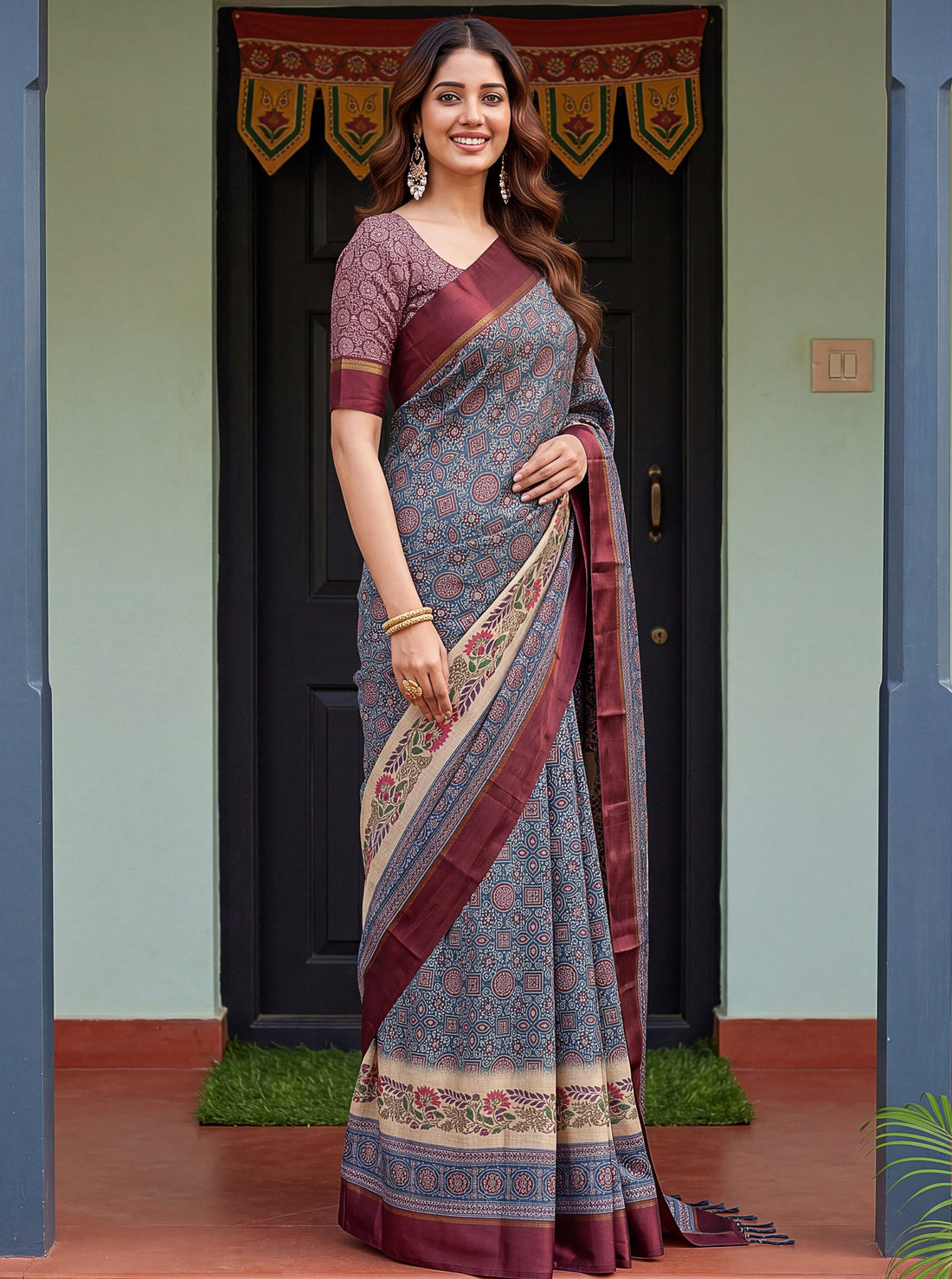 Enchanting Maroon Printed Silk Casual Wear Saree With Blouse