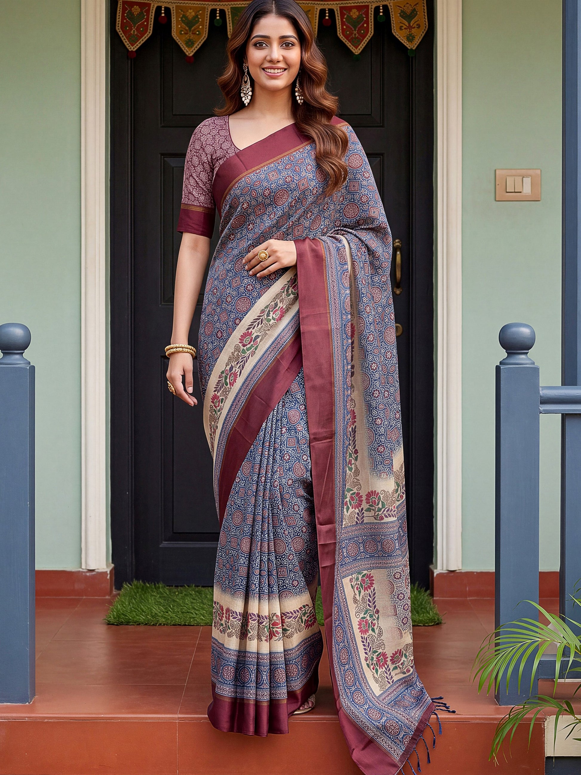 Enchanting Blue Printed Silk Casual Wear Saree With Blouse
