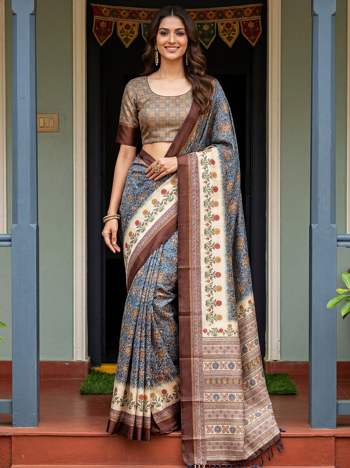 Adorable Blue Printed Silk Office Wear Saree With Blouse