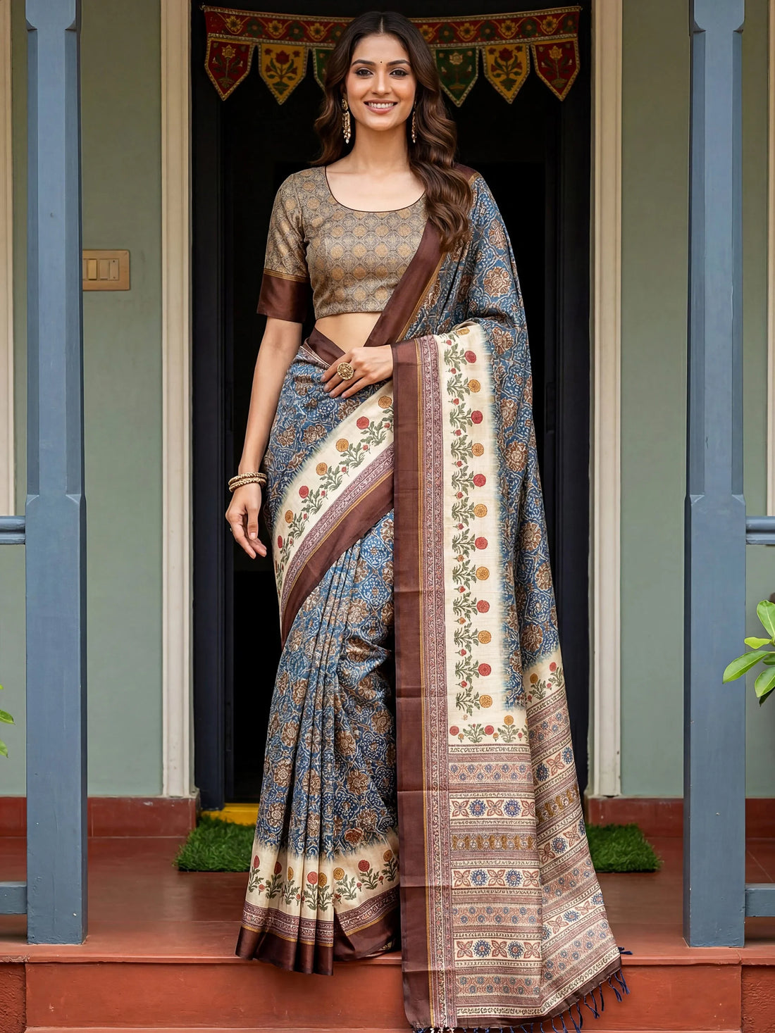 Adorable Blue Printed Silk Office Wear Saree With Blouse