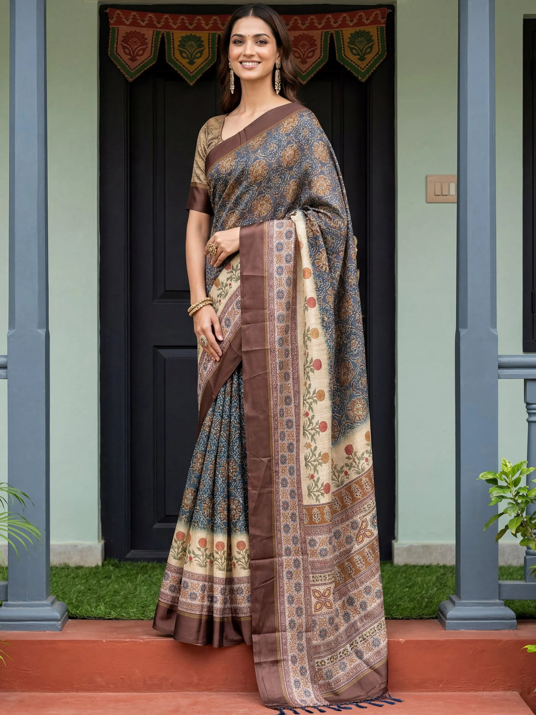 Adorable Blue Printed Silk Office Wear Saree With Blouse