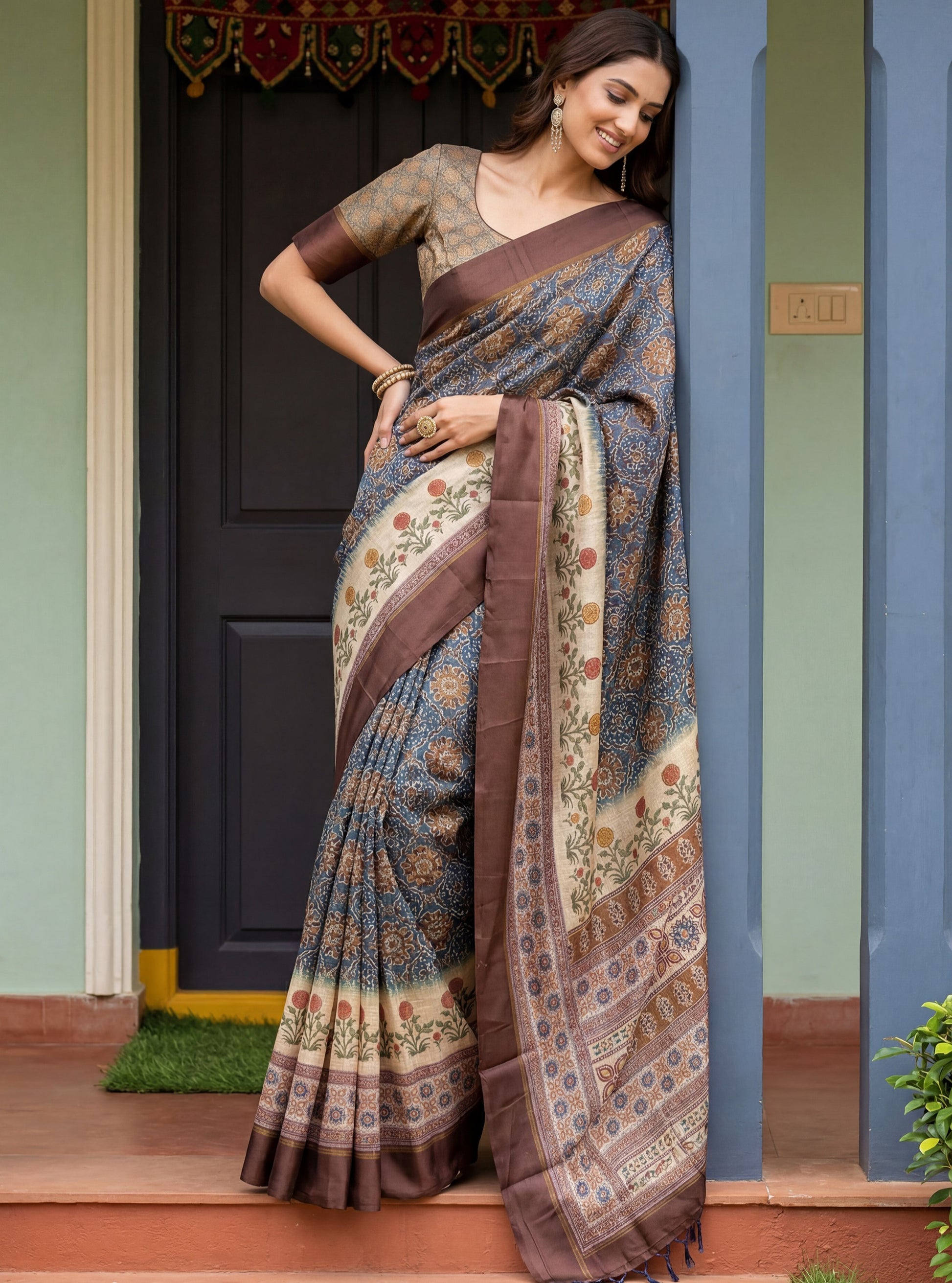 Adorable Blue Printed Silk Office Wear Saree With Blouse