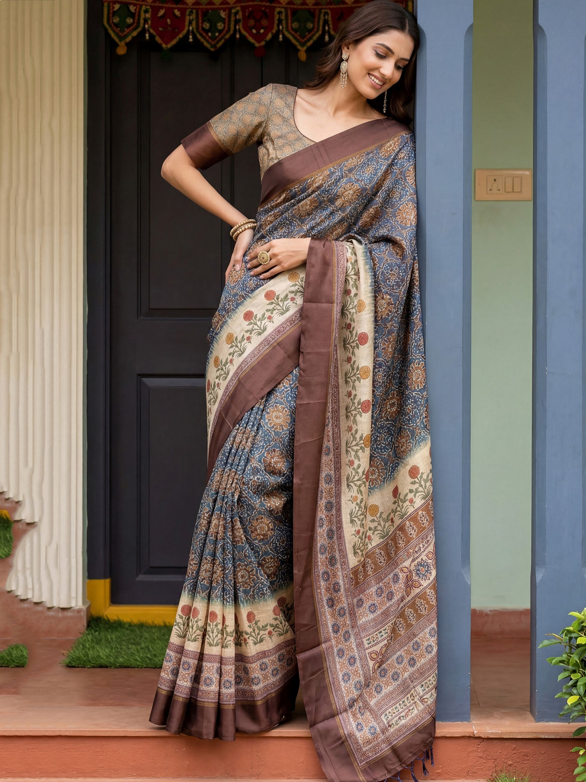 Adorable Blue Printed Silk Office Wear Saree With Blouse