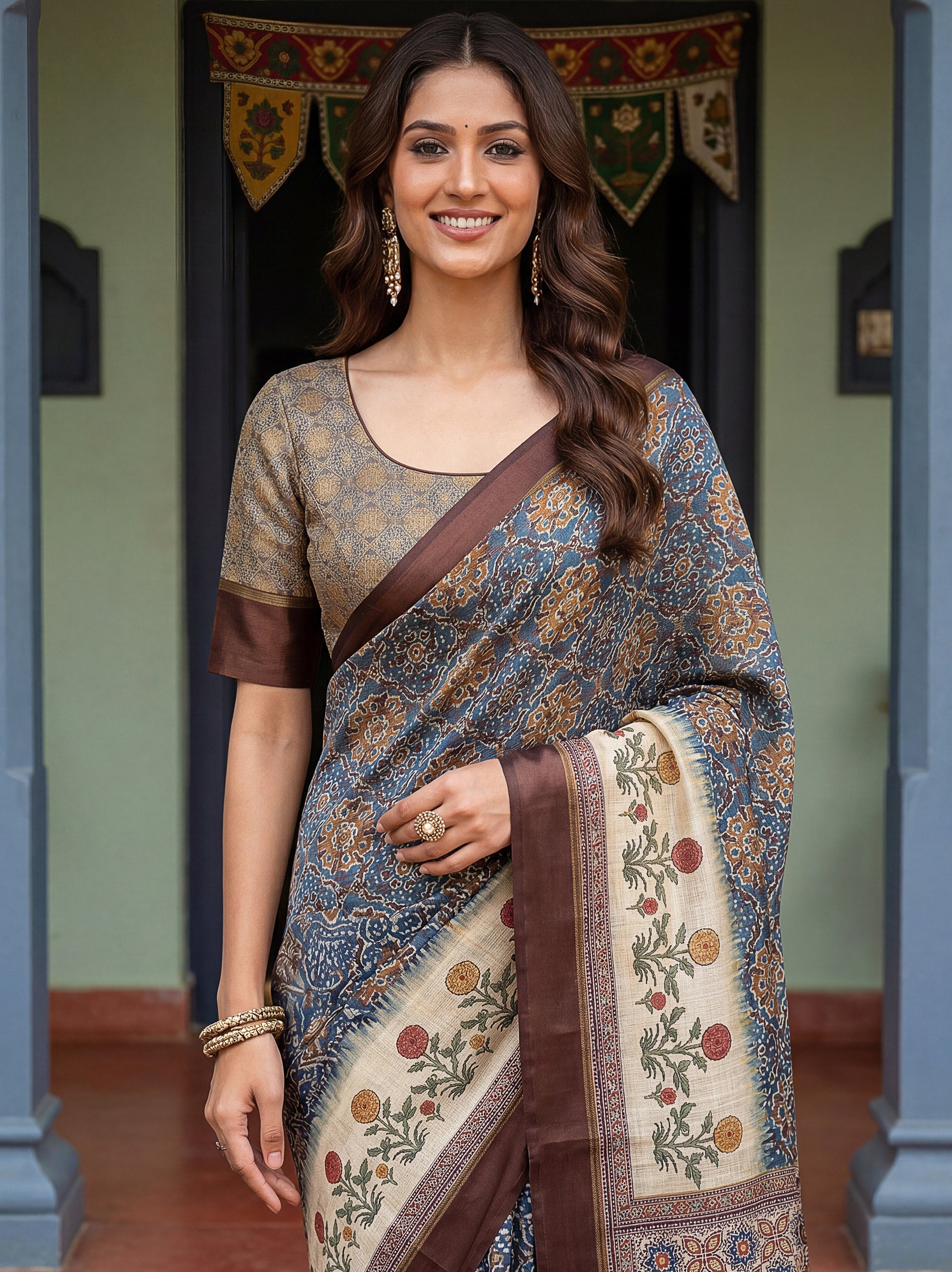 Adorable Blue Printed Silk Office Wear Saree With Blouse