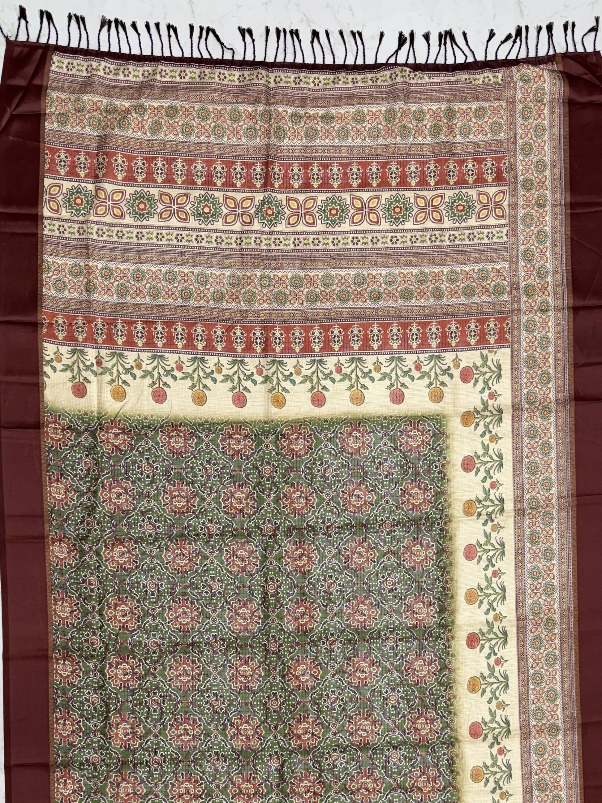 Fabulous Olive Green Printed Silk Festival Wear Saree With Blouse