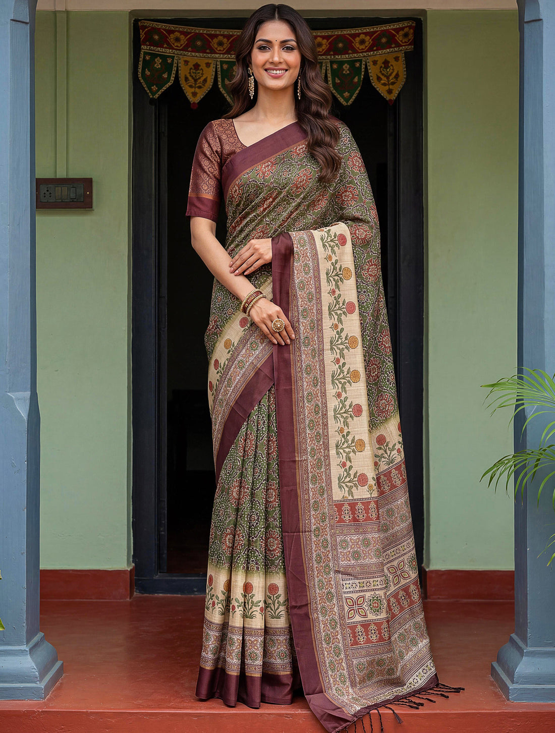Fabulous Olive Green Printed Silk Festival Wear Saree With Blouse