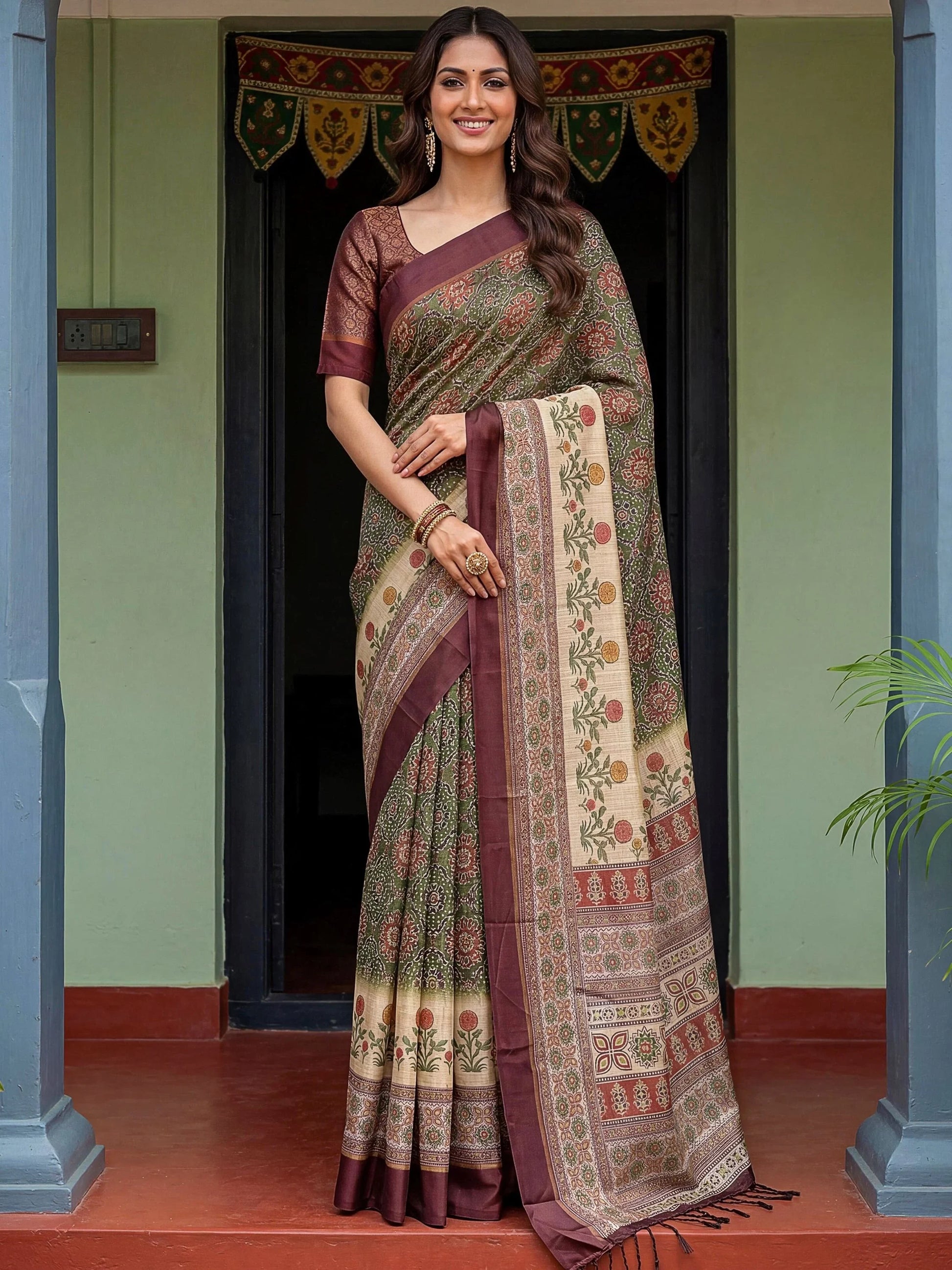 Fabulous Olive Green Printed Silk Festival Wear Saree With Blouse