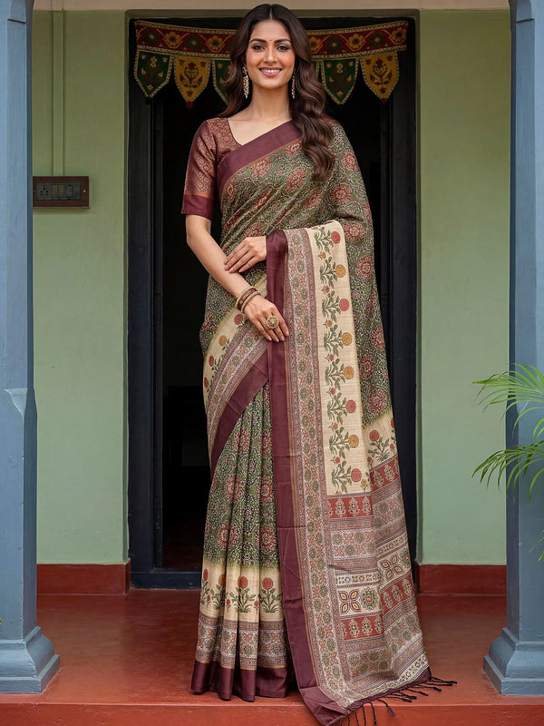 Fabulous Olive Green Printed Silk Festival Wear Saree With Blouse